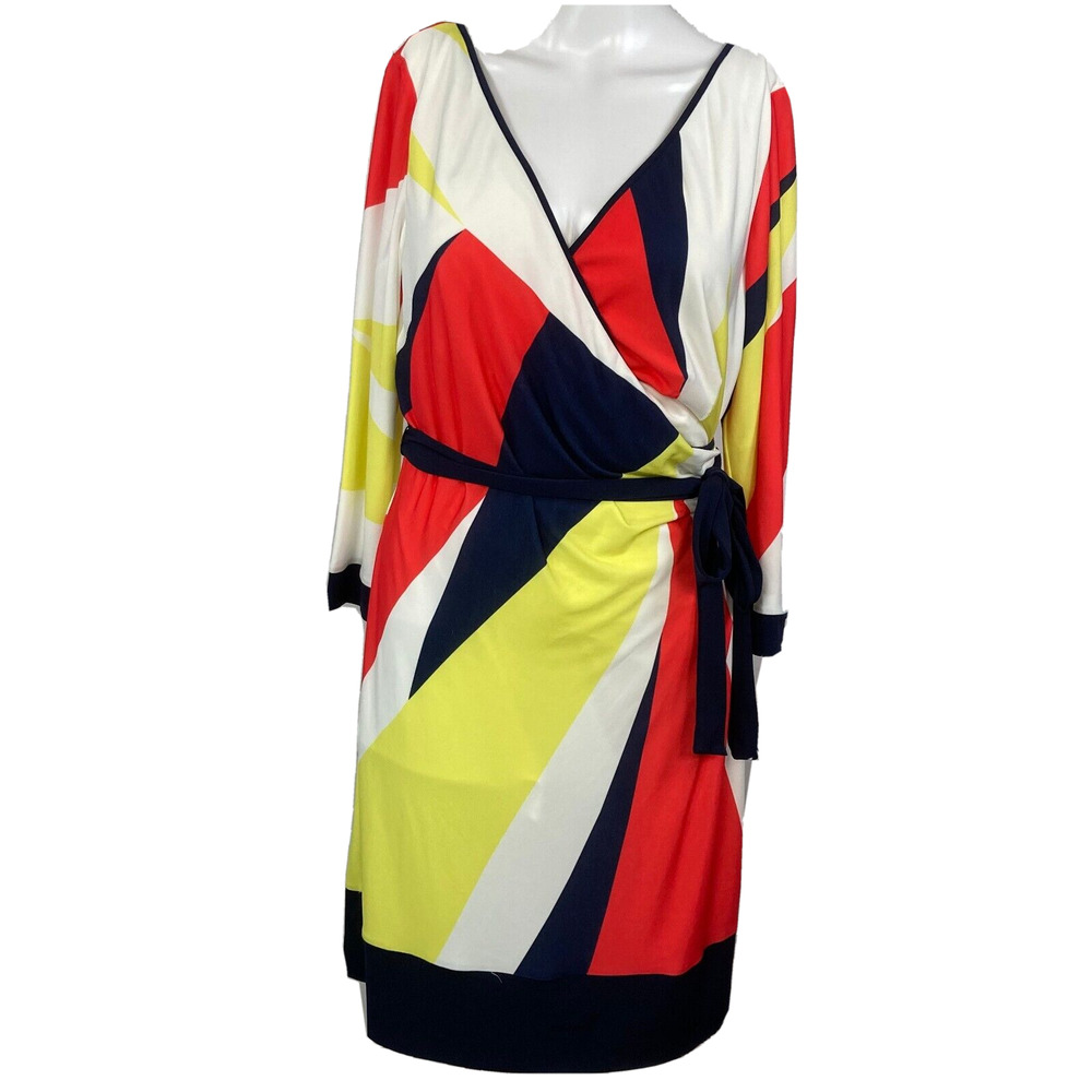 Muse Boston Proper Dress Womens Sz 8 White Multi V-Neck Knit Stretch Wrap Belted